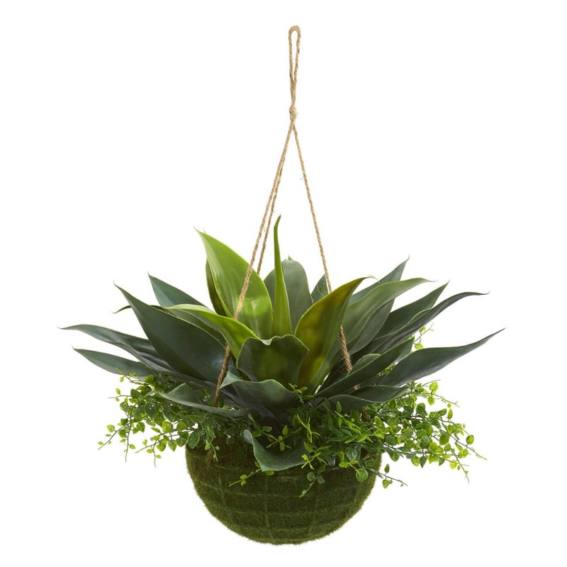 Nearly Natural Agave and Maiden Hair Artificial Plant in Hanging Basket (Indoor/Outdoor) - Image 1